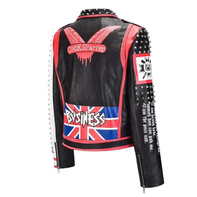 Streetwear Punk Rock Metal Studded Jacket for Women 2024 New Contrast Graffiti Print Cropped Motorcycle Faux Leather Jacket