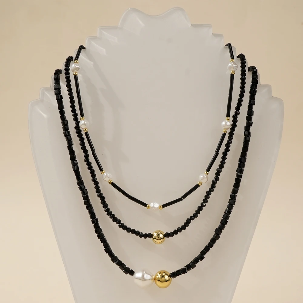 Go2boho Layered Black and Gold Plated Beaded Necklace with Faux Pearls Handmade Adjustable Jewelry for Women Gift