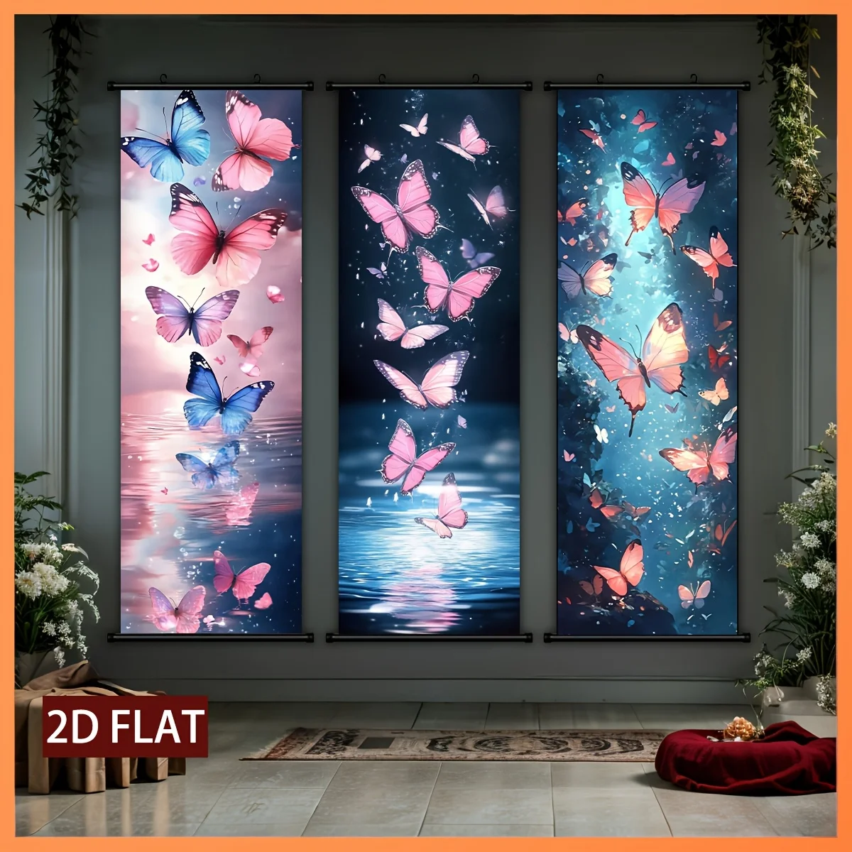 VIKAMA Dreamy Butterfly Water Reflection Scroll Tapestry, HD Non Fading Wall Hanging Art, Serene Room Decor