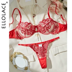 Ellolace Fancy Valentine Lingerie Luxury Lace Women's Ethical Underwear See Through Matching Adult Sexy Sets Red Erotic Outfit