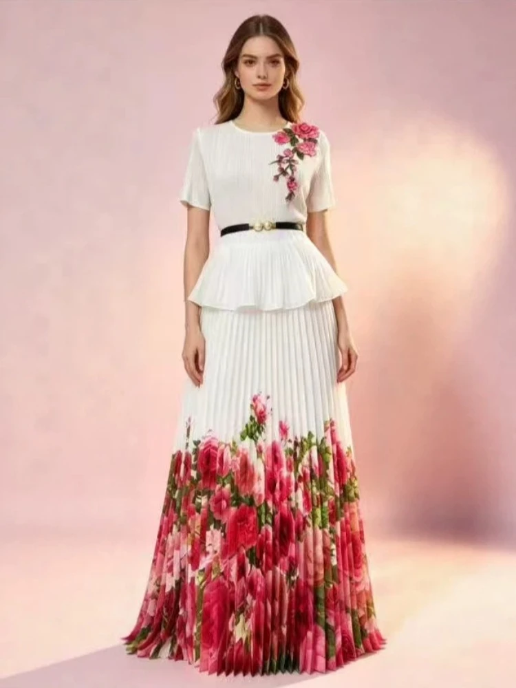 EGRM Pleated Print Women's Two Pieces Set Fashion short sleeve Belt slimming Top And Elastic High Waist Skirt Sets 2026 New 7G11 view 3