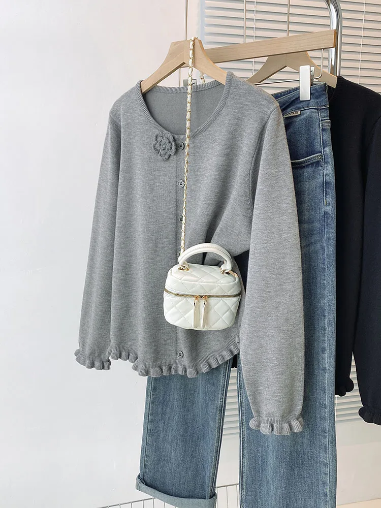 حجم كبير المرأة محبوك بلوزة فضفاضة مع انتفض تنحنح ثلاثية الأبعاد زهرة تصميم الخريف الشتاء معطف شتاء للأخوات طبطب #1