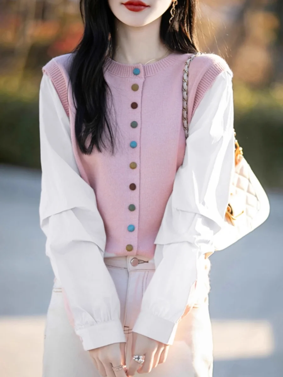   Botão de malha casual redondo ne feminino irt design sentido acolchoado falso cardigan aberto de duas peças commute sle