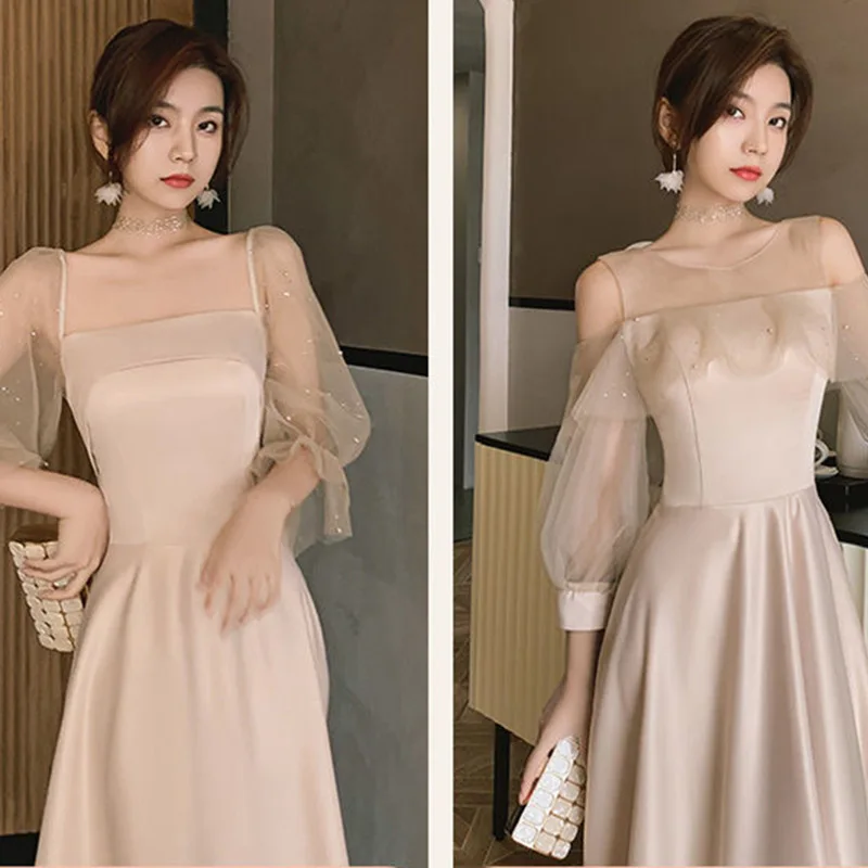 4 Styles Satin Solid Bridesmaid Dress Women Elegant Floor Length Slim Fit Spliced Tulle Puff Sleeve Wedding Party Guest Vestido