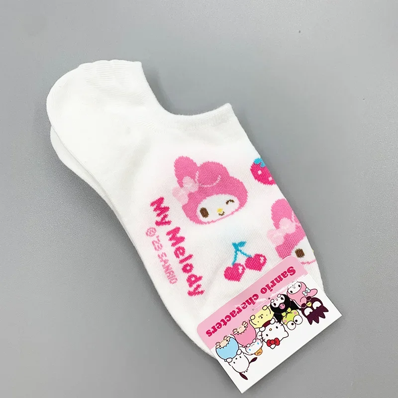 Meias de barco de algodão Sanrio Anime, Hello Kitty, Kuromi, melodia, cinamoroll, fina, verão, confortável, meia absorvente de suor para menina, 1 par