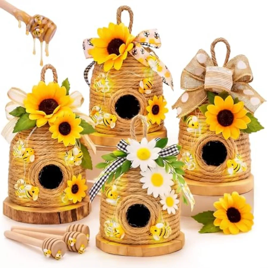 

31 Pcs Bee Day Party Decorations Sunflower Bee Hive Decor with String Lights Honeybee Dipper Sticks Wood Mat Spring Summer Farm