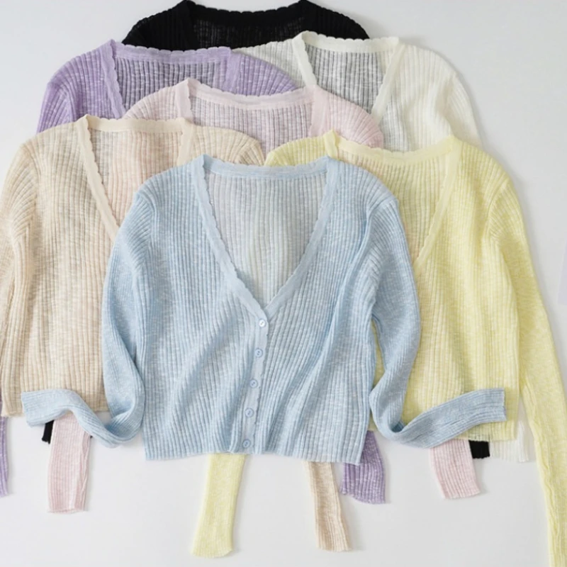 2026 Summer New V Neck Thin Ice Silk Knit Women Cardigan Long Sleeve Sun Protection Shawl Air Condition Outerwear Top