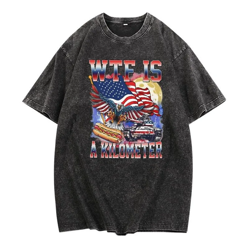 

Funny USA Patriotic Shirt WTF Is A Kilometer Eagle Hotdog American Flag Graphic Tee Men’s Fourth of July Party Freedom Gift