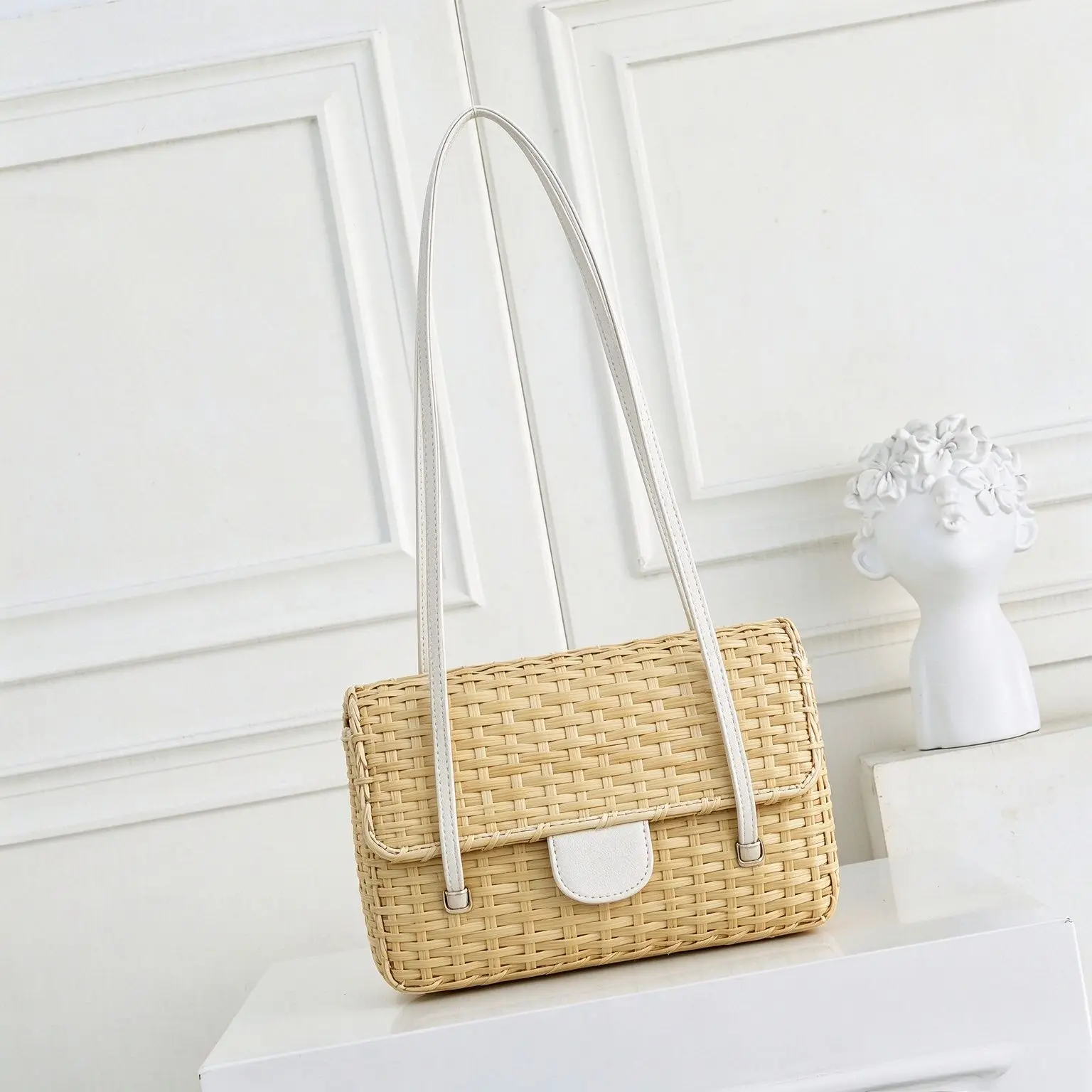 Women Rattan Woven Mini Square Handbag Light Blue PU Top Handle Chain Crossbody Bag Summer Beach Wicker Purse