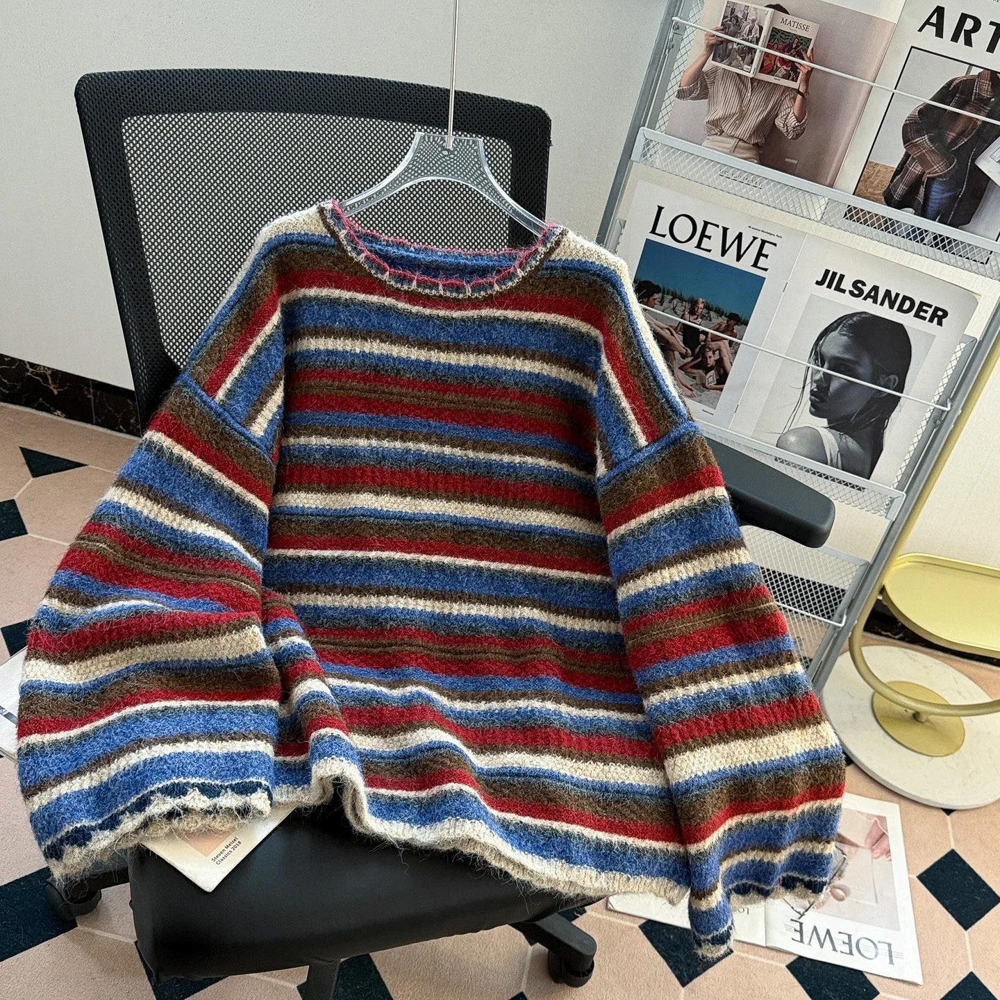 Korean Retro Unique Beautiful Contrast Striped Sweater Women Autumn and Winter New Fashion Plus Size Loose Lazy Wind Casual Top.