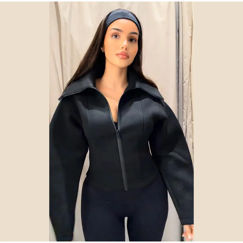 Chic Wide Lapel Jacket Black Zipper Waist Cinching Slim Fit Cropped Women's Jackets Lady New Fashion Street Spring Outwear 2026