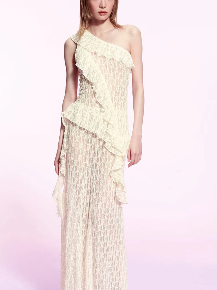 ชุดเสื้อครอปเอไลน์แบบไม่สมมาตรและกระโปรงยาว แฟชั่นเอวกลาง ซิปด้านหลัง ชุดออกงาน สีพื้น ฤดูร้อน 2025