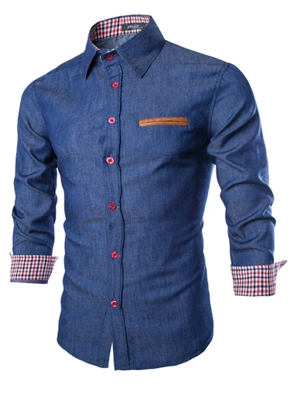 

Slim Fit Men's Denim irt Faionable Long Sve Korean Sle Cuba Collar Pure Color Autumn Season Casual irt for Teens