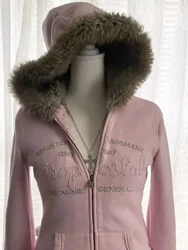 Winter Warm Thickening Pink Fashionable Element Hoodies Comfortable Fur Collar Hood Collar Design Zip Up Cardigan New Clothes