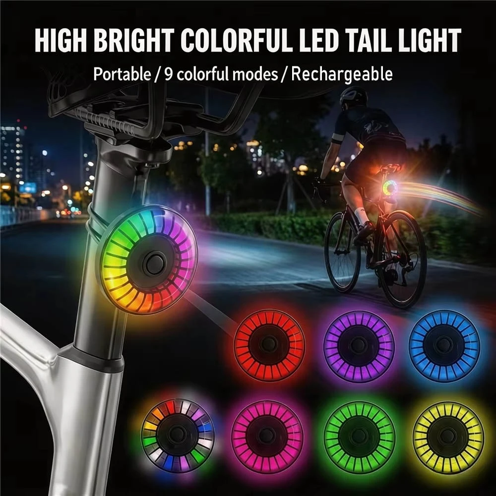 RGB LED Bicycle Taillight Type-C Rechargeable Colorful Warning Lamp Vibration Sensor Safety Cycling Rear Light for MTB Road Bike