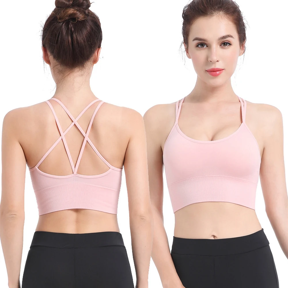 Women Strappy Sports Bras Seamless Criss Cross Back Sexy Padded Fitness Yoga Vest Gym Running Crop Top Breathable Beauty Bras