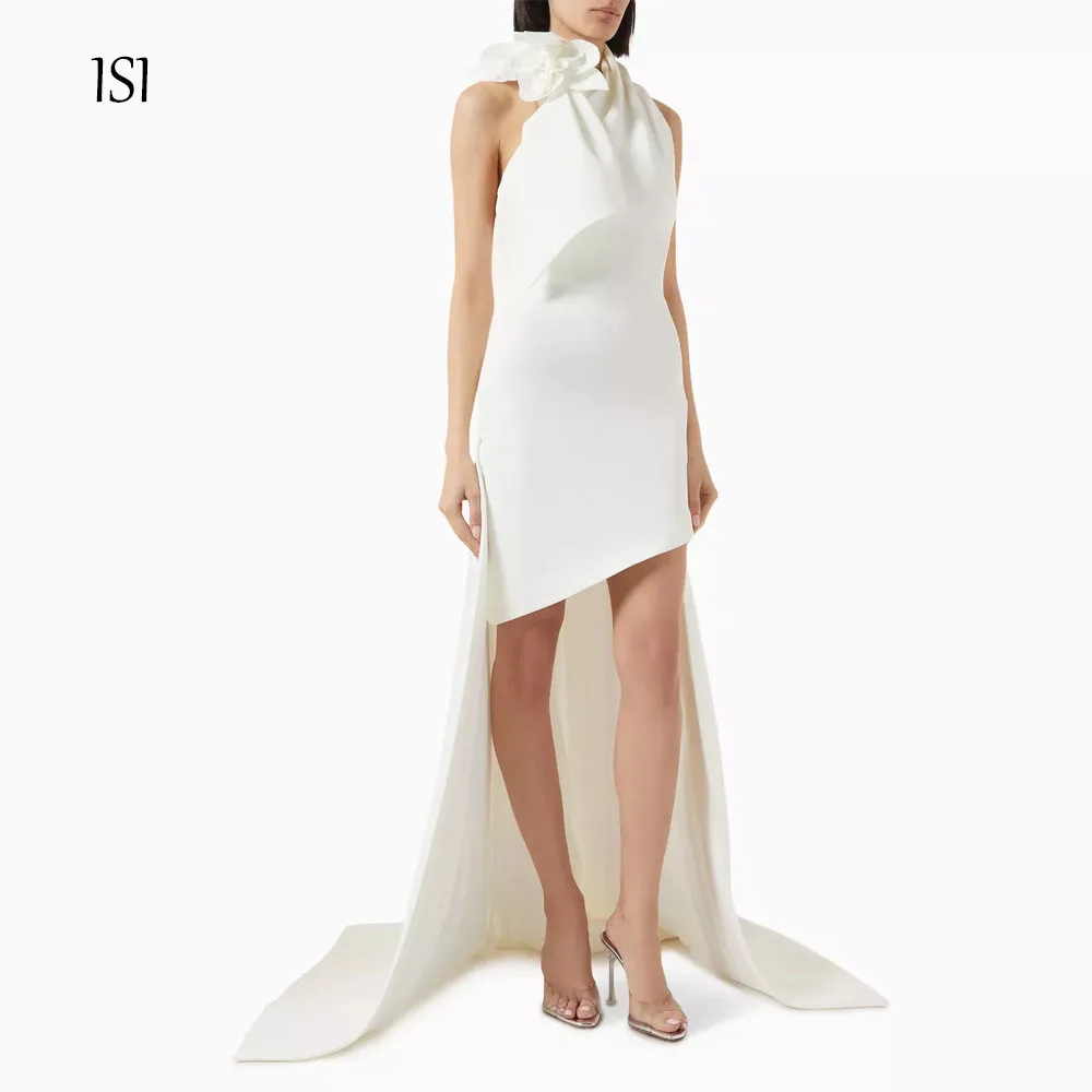 ISI Formal Handmade Flowers Evening Gowns A-line Hi-Lo High-neck Sleeveless Prom Dresses Fashion Backless Customized Gowns