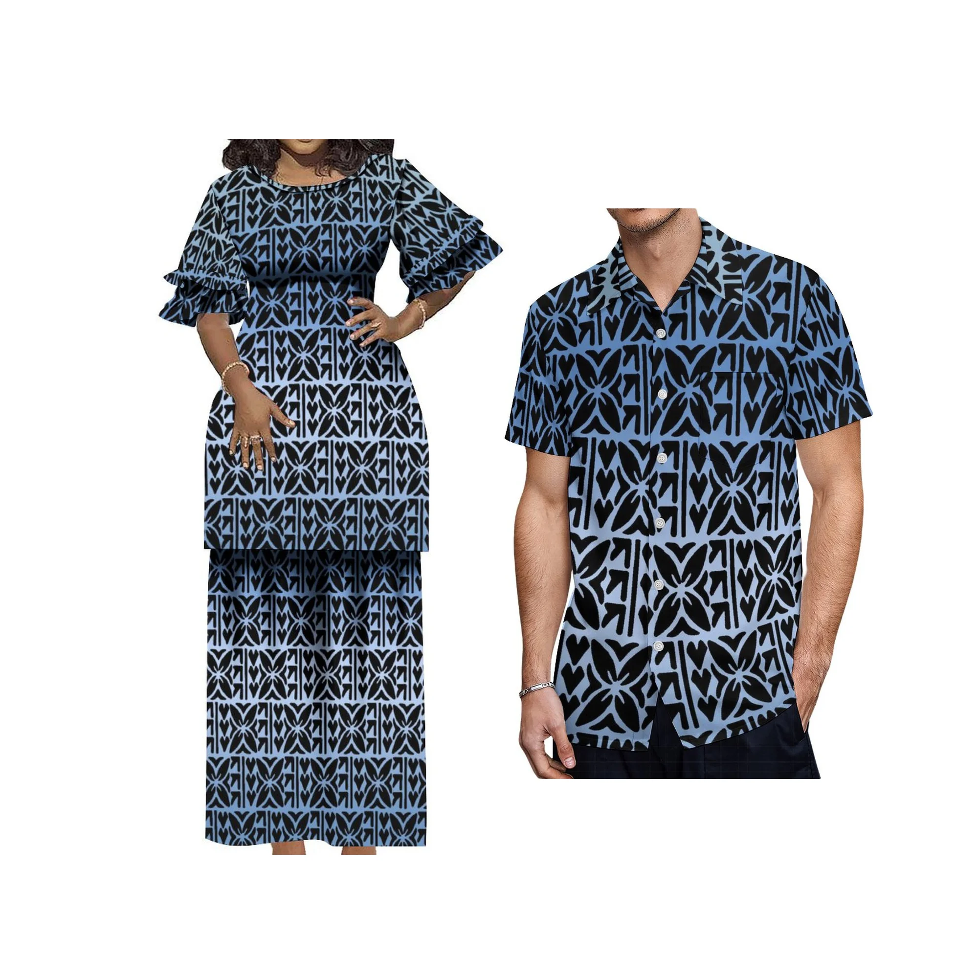 Custom Polynesian Clothing Top And Skirts Women 2 Piece Sets New Arrival Summer Round Neck Petal Sleeve Samoa Puletasi