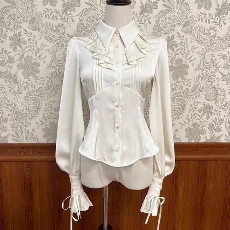 

Lolita Bottoming Long Sleeve Shirt Women Lace Up Slim Waist Blusas De Mujer 2025 Early Autumn New Ruffles Lapel Neck Blouses