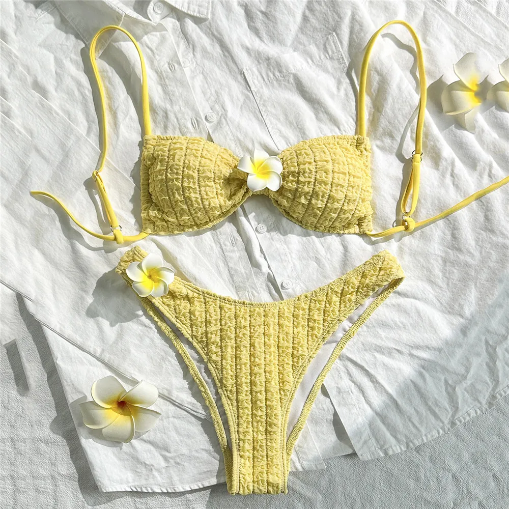 

Cute Yellow Bandeau Bikinis Sets 3D Flower Sexy Swimsuit Women Lace-up Solid Swimwears Beach Wear Bikini Mujer 2025 Bathing Suit
