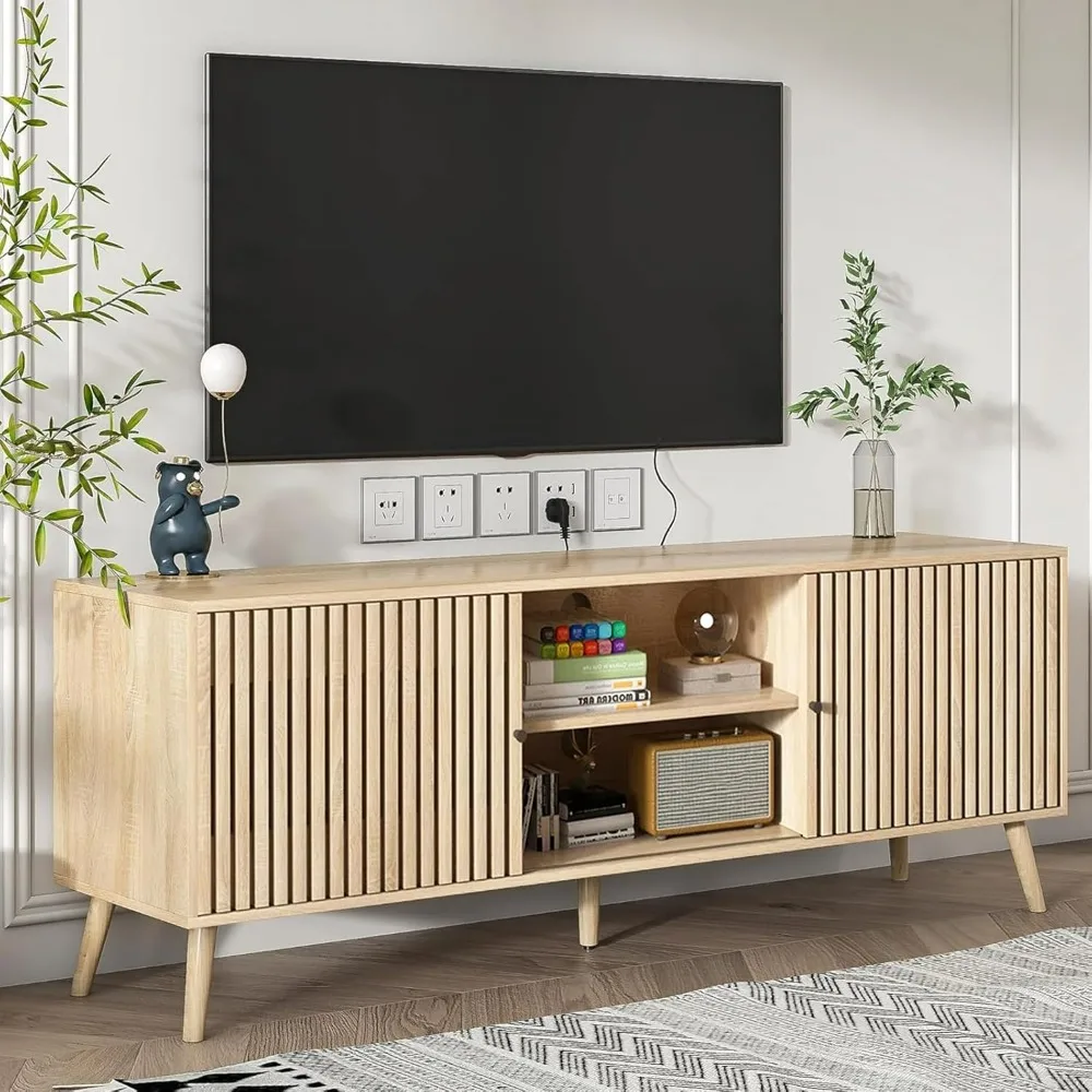 TV cabinet.TV Stand for TVs up to 70'',Mid Century Modern TV Stand, with Sliding Doors and Open Shelf, Entertainment Center