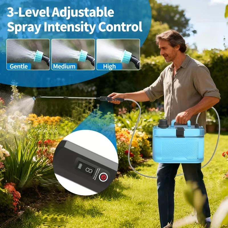 

2026 Новый портативный электрический опрыскиватель, 8-литровый резервуар для воды большой емкости, опрыскиватель оснащен четырьмя регулируемыми насадками, три уровня регулировки интенсивности, отображение мощности экрана, питание от аккумулятора через USB