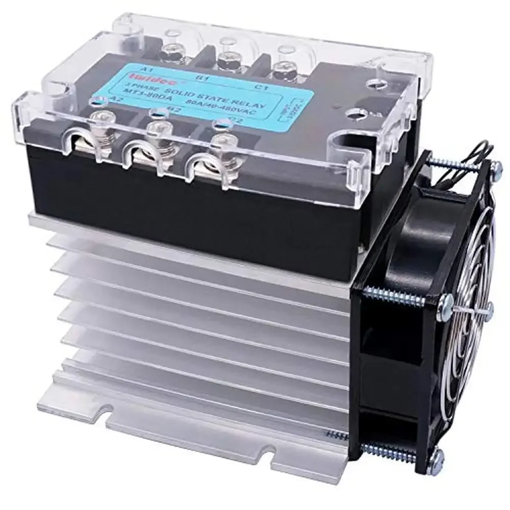 3 Phase Solid State Relay 80A DC to AC SSR with Aluminum Heat Sink and Electric Fan MT3-80DA-SF