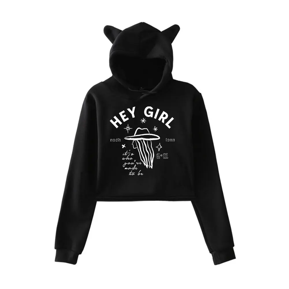 

Anne Wilson Hey Girl Cat Ear Hoodie Women Long Sleeve Cropped Sweatshirts Female Casual Streetwear Crop Tops