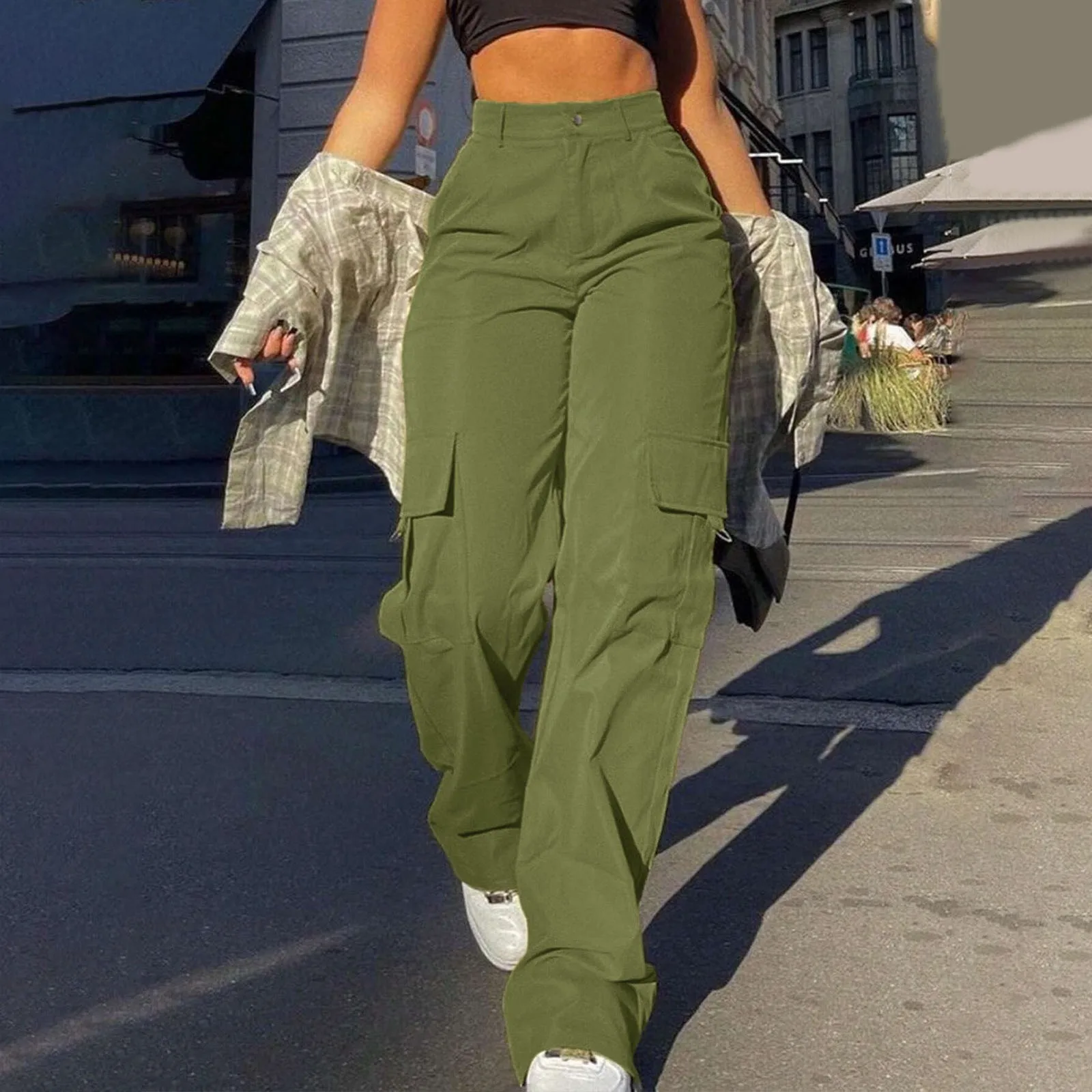 

Streetwear Basic Buckle Cargo Pants Women Parachute Trousers Solid Straight Leg Big Pockets Baggy All-Match Y2K Sweatpants Chic