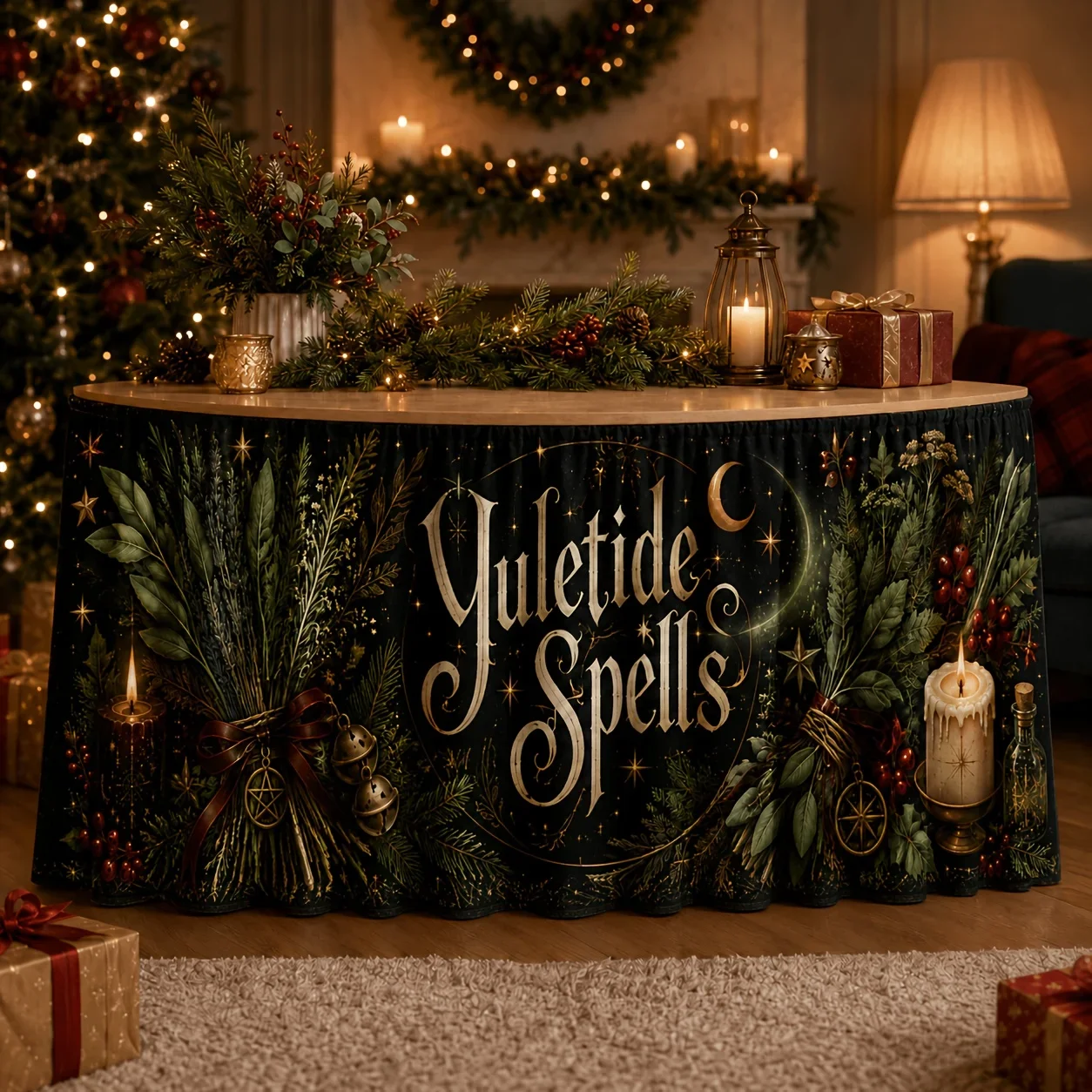 One-piece set. Yul Christmas Witch-style table skirt in lavender color with five-pointed star bells and holly.xzj