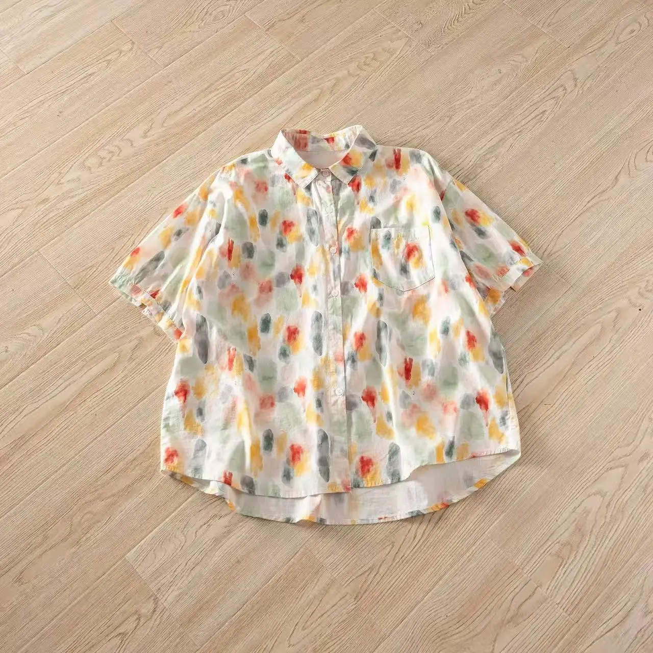 Pure Cotton Women\'s Floral Print Short Sleeve Shirts and Blouses Harajuku Fashion Oil Painting Style Blouse Summer Beach Tops