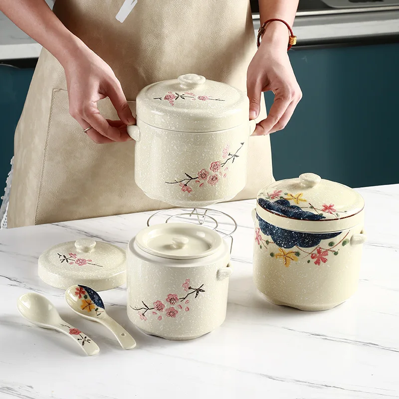 Ceramic Waterproof Stew Pot with Lid Double Lid  Stewed Bird  Steamed Egg Double Ear Stew Pot Family Soup Cup Restaurant