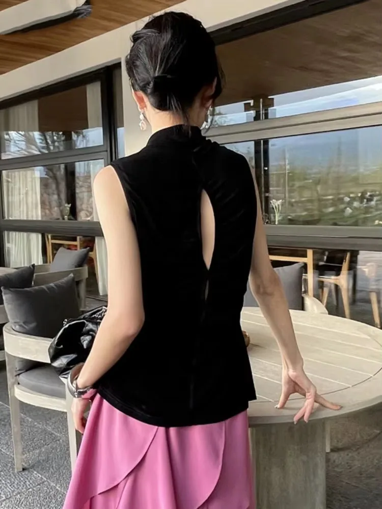 Elegant Backless Mock Neck Tank Top Women Black Sexy Cut Out Ruched Sleeveless Vest Y2k Harajuku Korean Style Chic 2026