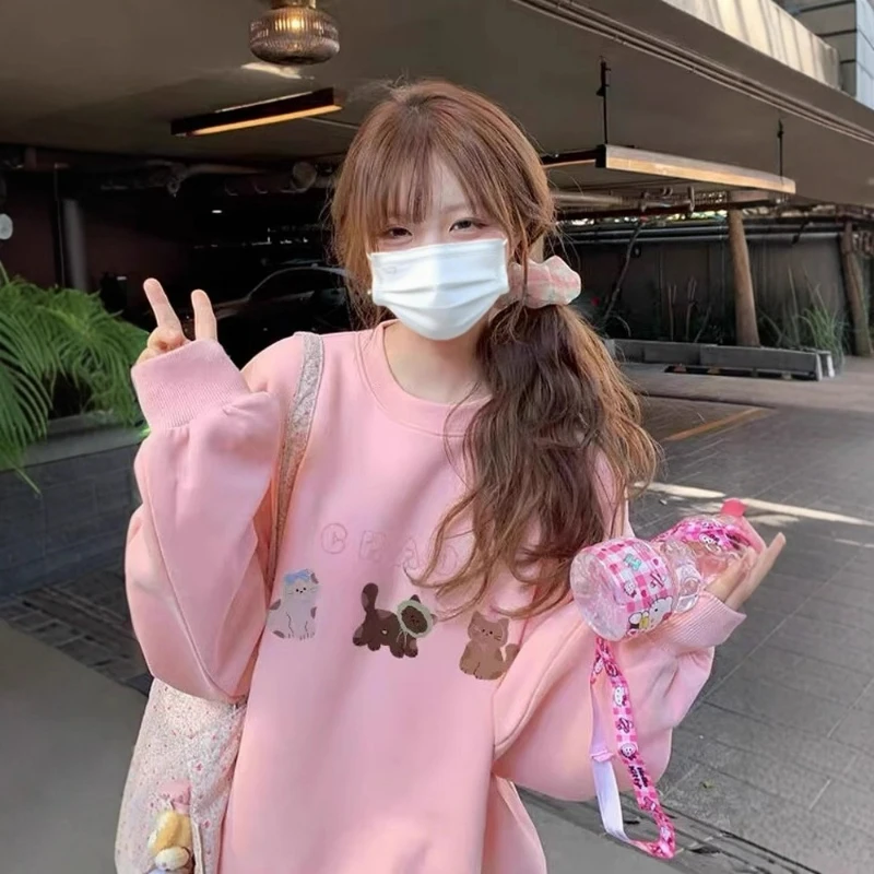 Pink Cat Print Hooded Round Neck Hoodie 2026 Autumn and Winter New Fashion Korean Version Loose Sweet Velvet Long Sleeved Top 2