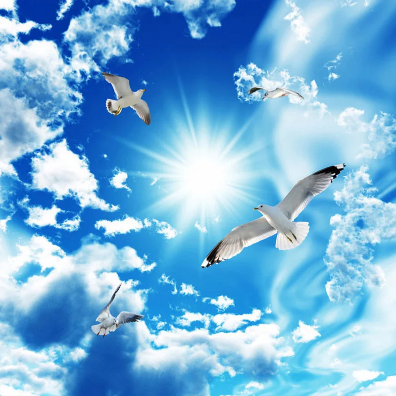 Custom Large Zenith Wallpaper 3D Stereo Blue Sky White Clouds Dove Nature Landscape Photo Mural Ceig Wallpapers