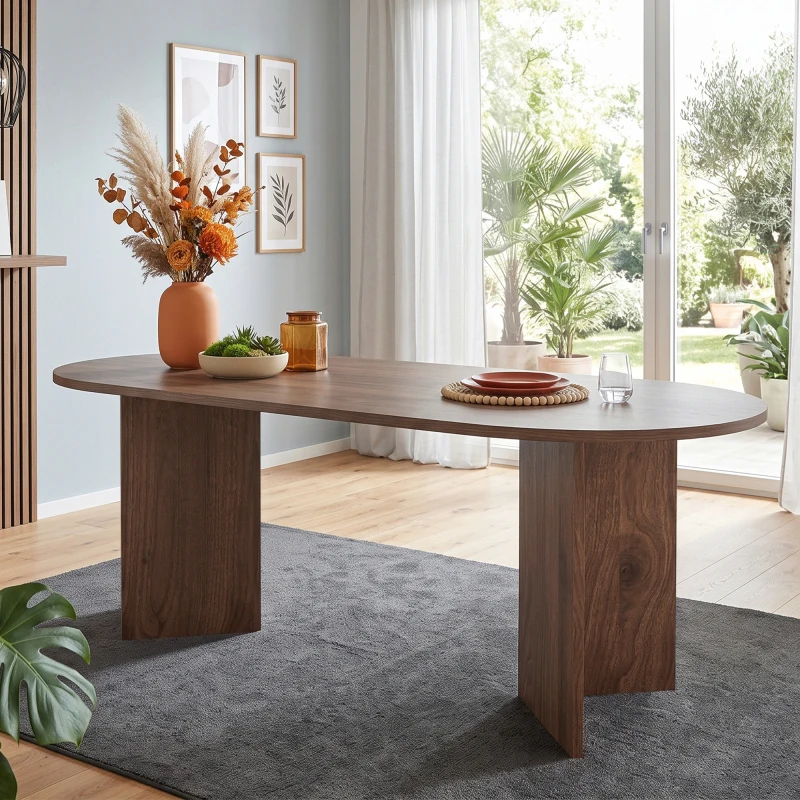 Table de salle à manger 200 x 90 cm, plateau épais en MDF finition noyer avec bords arrondis, style moderne épuré, charge utile 60 kg, capacité 6 à 8 personnes, idéale pour salon familial et...