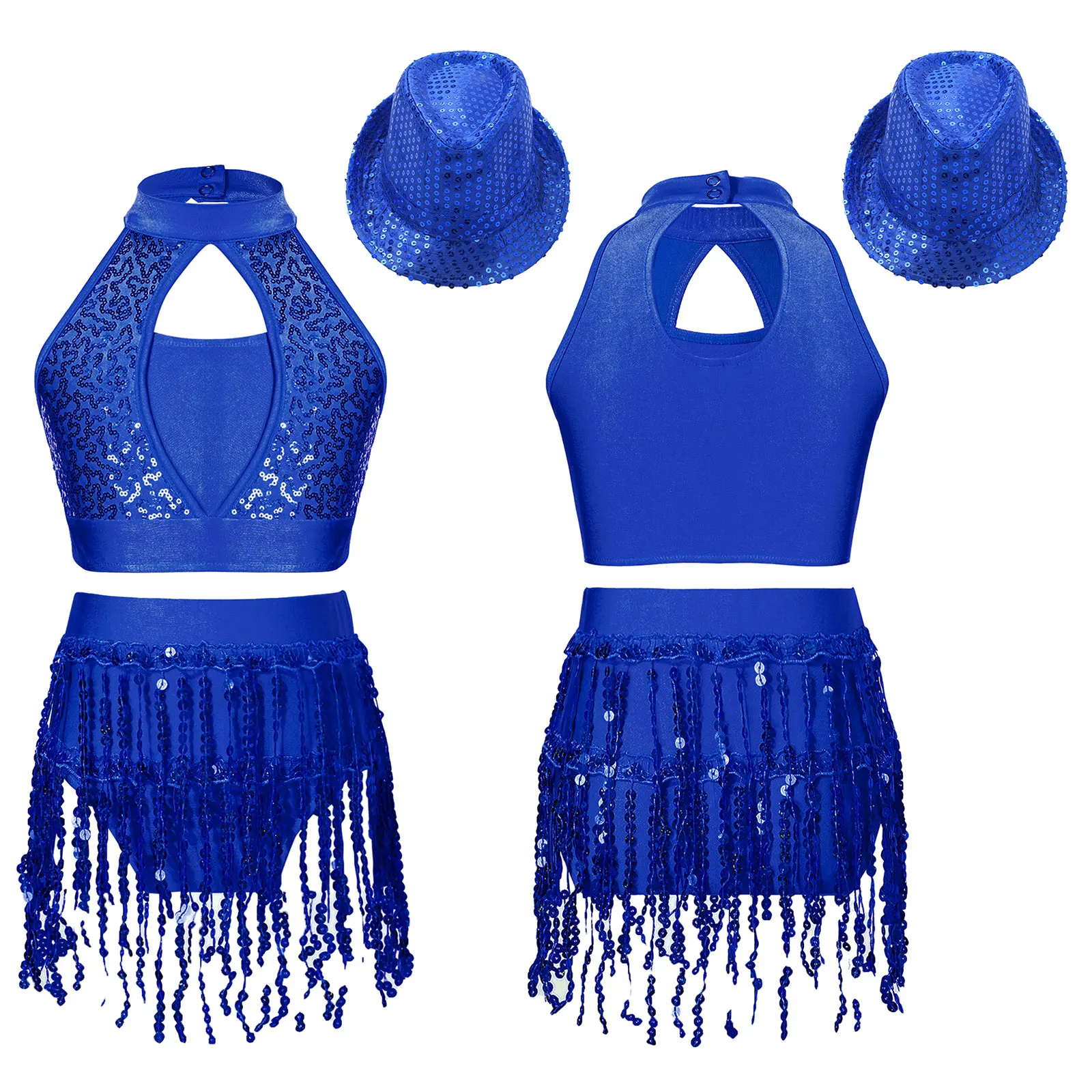 

Kids Girls Sequins Tassels Latin Jazz Dance Costumes Halter Crop Top+Leotard Skirt+Hat 3Pcs Outfit for Rumba Chacha Samba Dress