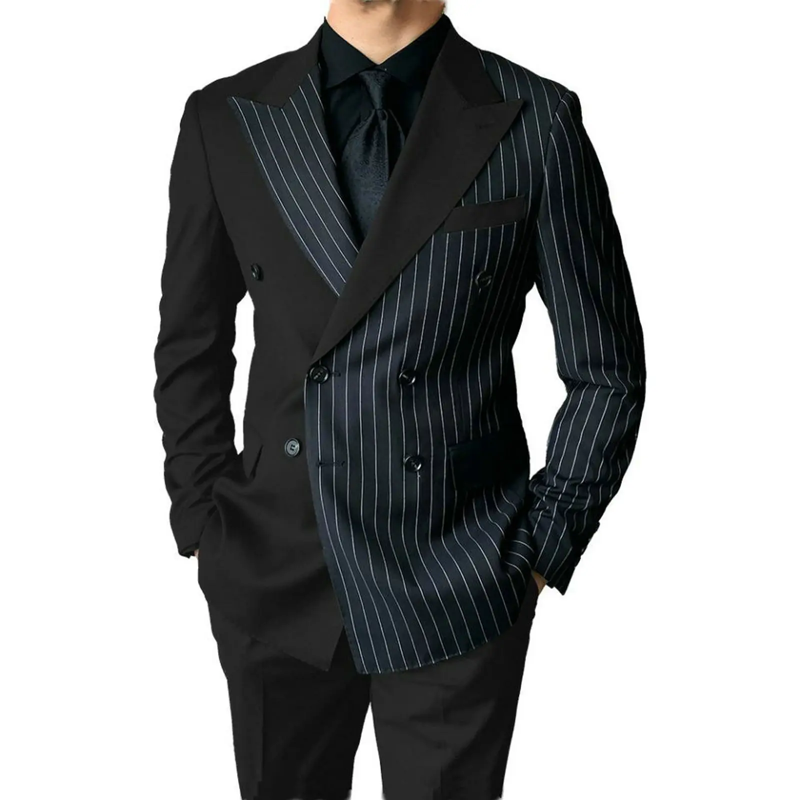 New Design Business Black Striped Men Suits For Wedding Double Breasted Groom Tuxedos 2 Pieces Costume Homme (Jacket+Pants)