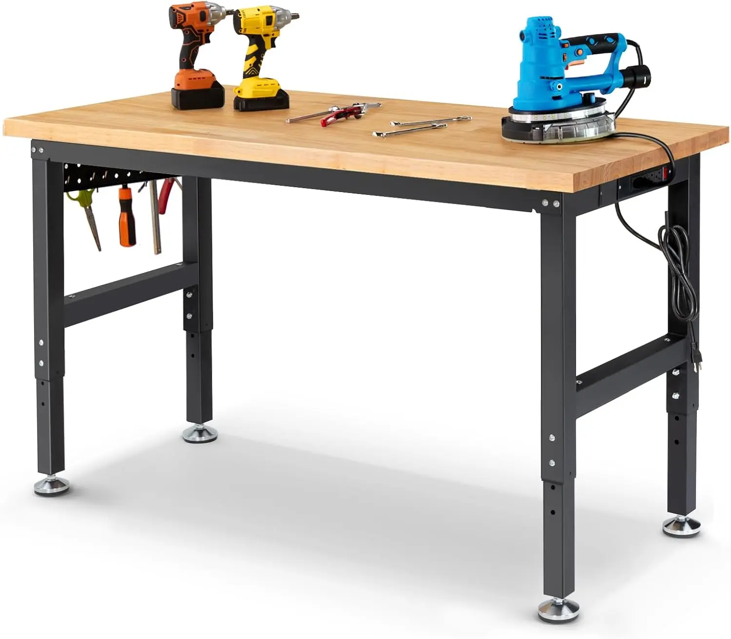 60 Inch Workbench for Garage Adjustable Height Work Bench with Pegboard Power Outlets Rubber Wood Tabletop Work Table