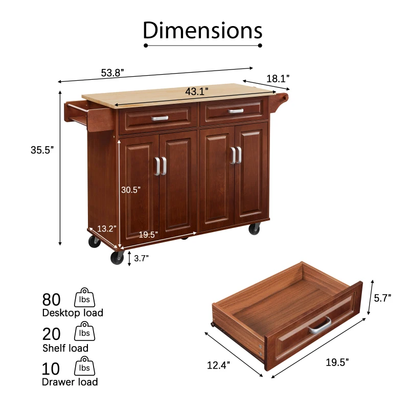 Mobile Kitchen Island Cart With 2 Drawers