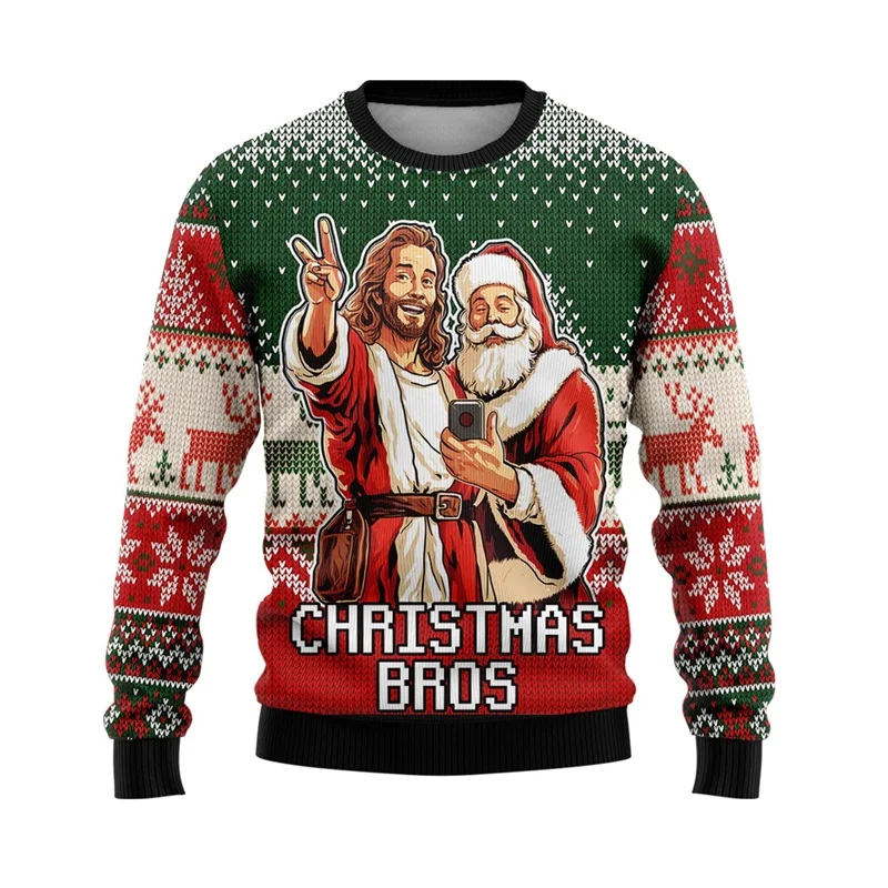 Men's Ugly Chrismtas Jumper Sweatshirts Jesus Santa Claus Printed Winter Holiday Crew Neck Christmas Sweatshirt Jersey Clothes