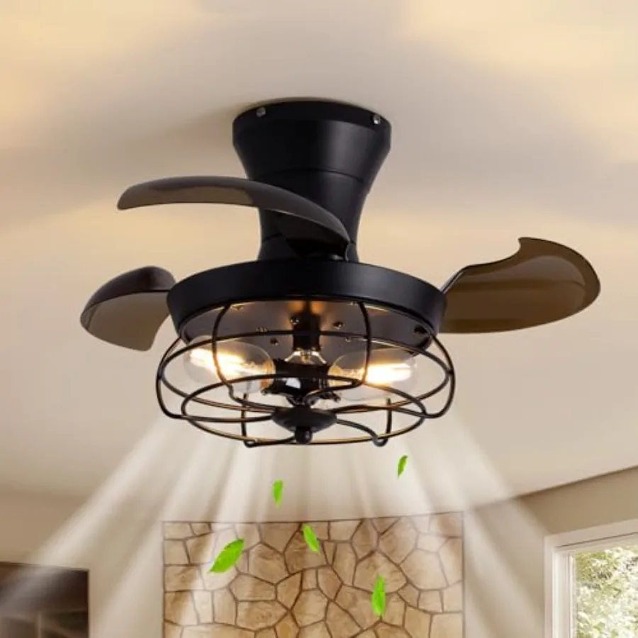 

22" Retractable Ceiling Fans with Lights, Black Caged Fandelier Ceiling Fans with Remote, 6 Wind Speeds, Invisible Blades, Indu