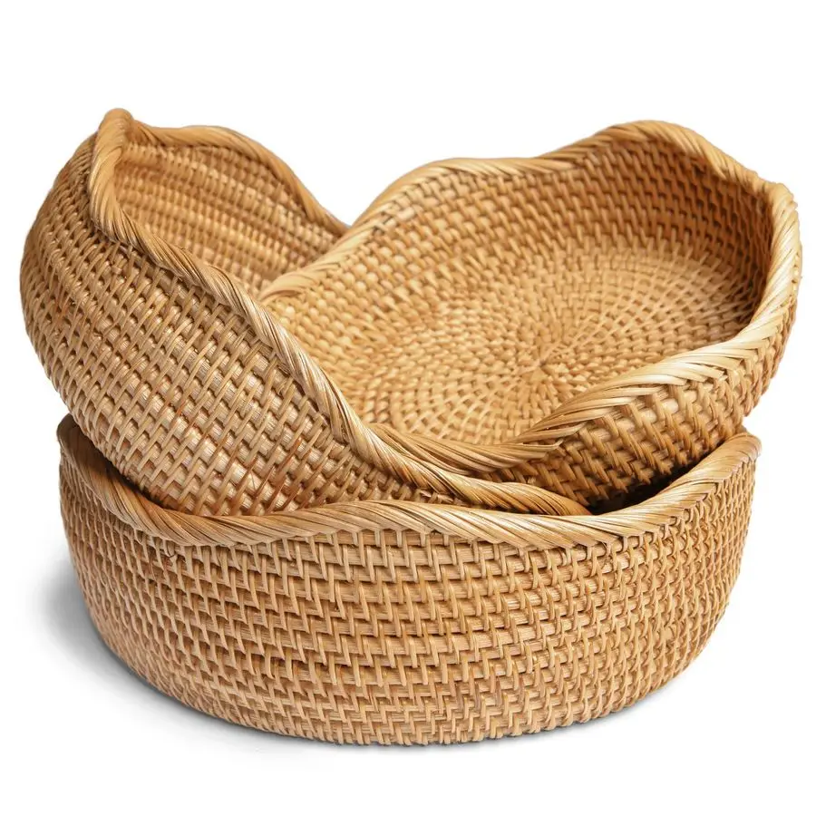 

Handmade Rattan Bread Baskets Round Wicker Fruit Serving Storage Bowls, Natural Woven Decorative Kitchen Counter Organizing Hone