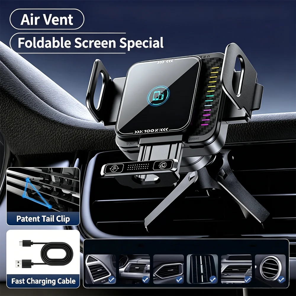 Suporte de Carro Dobrável para Celular com Carregamento Sem Fio, Rotação de 90 Graus, Suporte Universal para Celular, Carregamento Rápido, Acessórios 