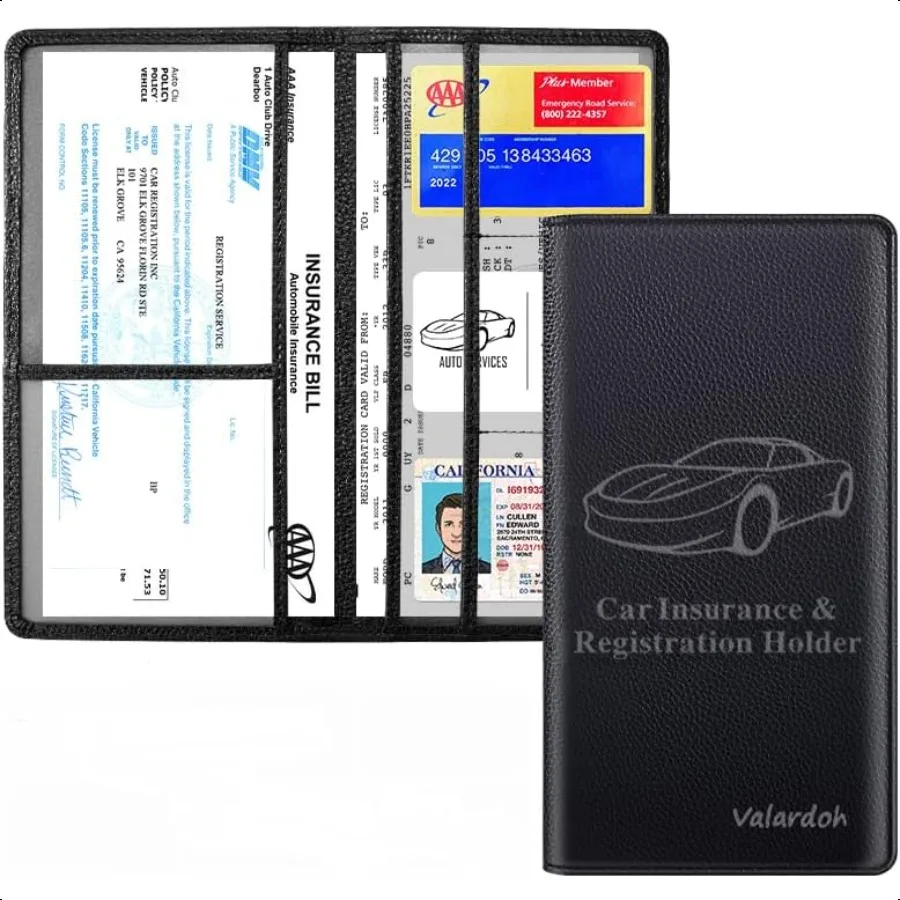 Porta-cartões premium para registro e seguro de carro, porta-documentos para cartões, carteira de motorista, outros documentos de entrada, preto