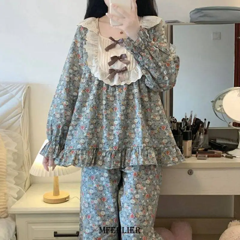 Plus Size 4XL 150KG Autumn Flower Pajamas Sets O Neck Women Long Sleeve Tops and Pants O Neck Homewear Flower Pyjama Sleepwear