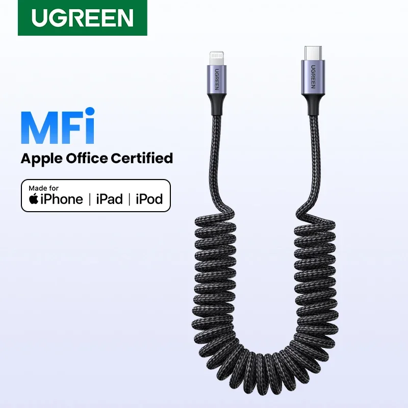 

UGREEN MFi USB Type C to Lightning Spring Cable For Apple iPhone 14 13 12 ipad Car USB Cable PD Fast Charging data 1.2m Braided