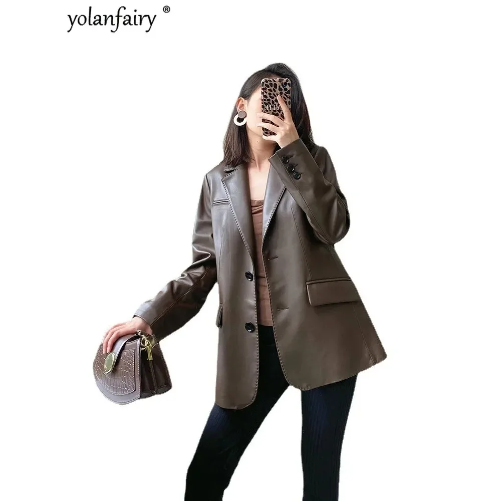 Yolanfairy casaco de pele de carneiro pura jaquetas de couro feminino para mulheres terno de couro natural jaqueta roupas femininas primavera outono novo