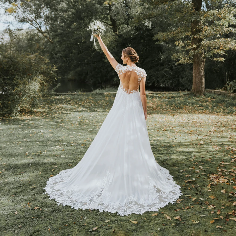 Embroidered High Split Wedding Dress Customized A Line Cap Sleeves Open Back Transparent Illusion Top Lace Luxury Bridal Gown