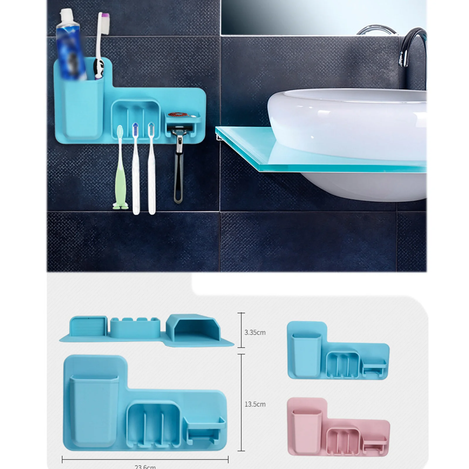 

Suction Cup Wall-Mounted Toothbrush Holder Silicone Punch-Free Organizer Stand Rack Sky-Blue 13.5x23.6x3.35cm Bathroom Home